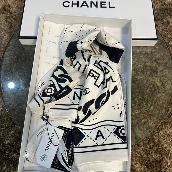 Chanel White Monogram Silk Scarf - Picture 8 of 8